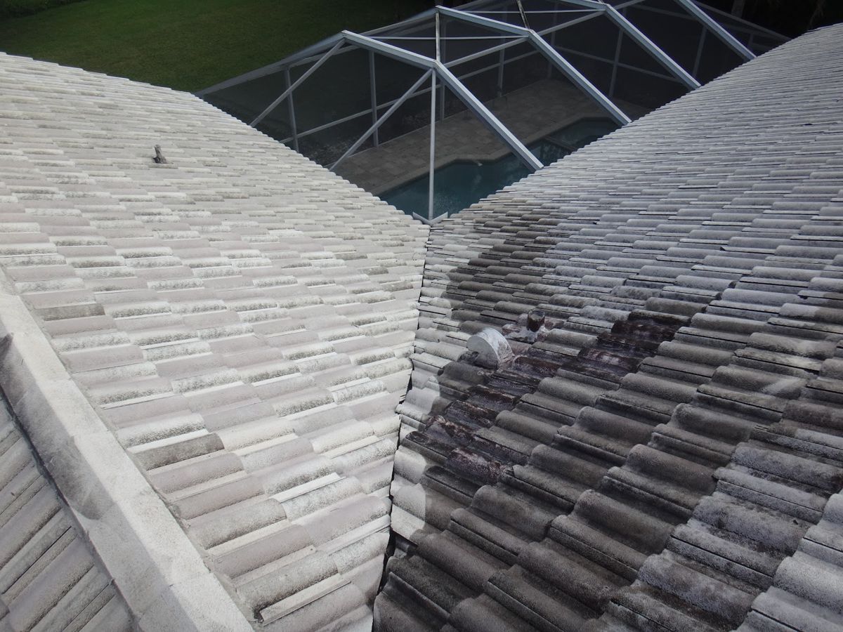 Tile roof on a house with a pool enclosure, with the left part of the roof cleaned and lighter and the right part still dirty and stained